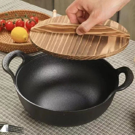 Pre Seasoned Pure Cast Iron Flat Bottom Wok with Wooden Lid 27cm Double Handles.- Furaha Finds Kenya
