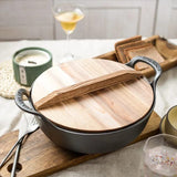 Pre Seasoned Pure Cast Iron Flat Bottom Wok with Wooden Lid 27cm Double Handles.- Furaha Finds Kenya