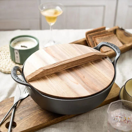 Pre Seasoned Pure Cast Iron Flat Bottom Wok with Wooden Lid 27cm Double Handles.- Furaha Finds Kenya