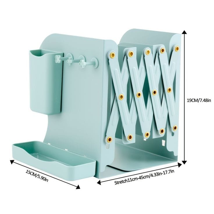 Furaha Finds expandable metallic bookshelf made from thickened steel plate. Telescopic book stand with a magnetic pen holder for home and office organization