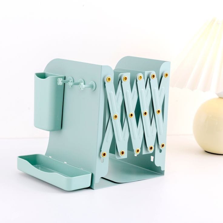 Furaha Finds expandable metallic bookshelf made from thickened steel plate. Telescopic book stand with a magnetic pen holder for home and office organization