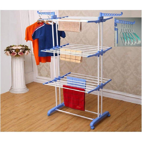 3 Layer Portable Movable Cloth Drying Rack Compact and Easy to Assemble, Durable Plastic and Iron Construction