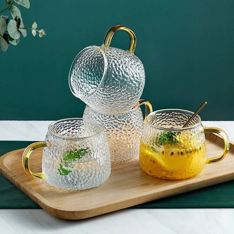 High Quality 350 ml Hammer Patterned Glass Cups with Gold Handles (Set of 6)- Furaha Finds Kenya