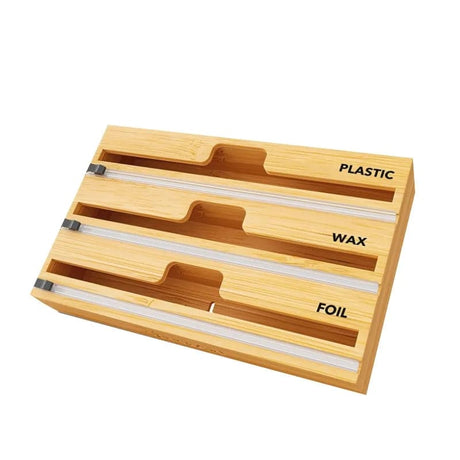 3in1 Bamboo Kitchen Foil Wrap Dispenser with Safe Cutter | Holds Foil, Plastic Wrap & Parchment Paper | Eco-Friendly & Durable