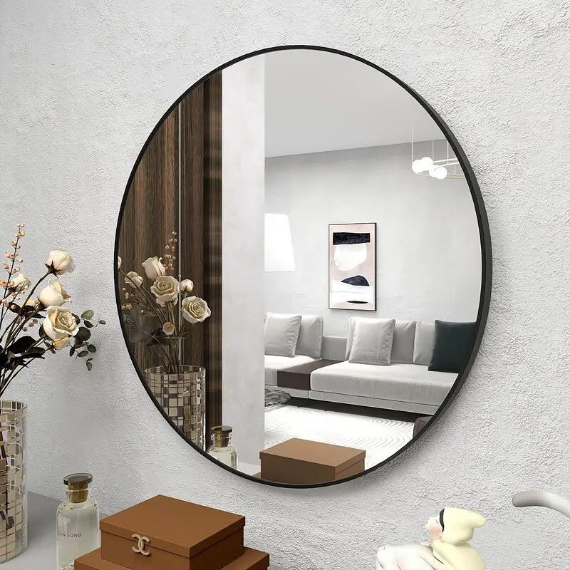 Contemporary Round Mirror Elegant Metal Frame Glass Mirror Glass Mirror Metal Frame Mirror Modern Wall Mirror Bathroom Vanity Mirror Entryway Mirror Living Room Mirror Bathroom Living Room Bedroom Entryways Home Decor