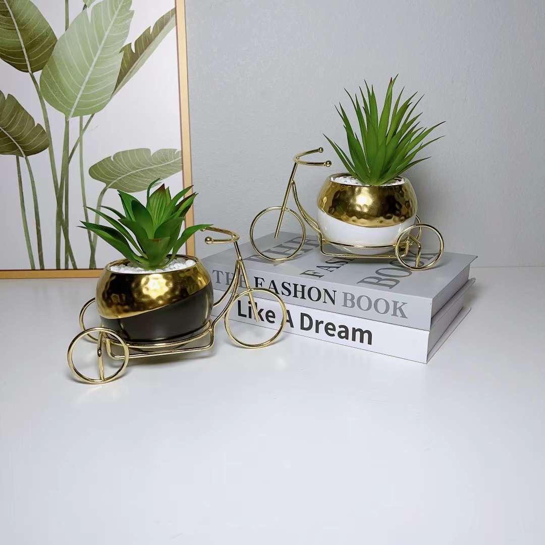Furaha Finds Vintage Ceramic Planter with Spring Garden Flower Elegant indoor & outdoor decor with gold bike stand, perfect for succulents,herbs and floral arrangements.
