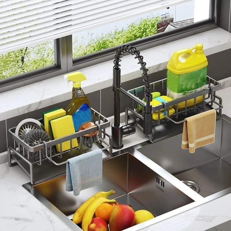 Sink Caddy with Water Draining Tray Multifunctional Sink Sponge and Detergent Storage Rack, Carbon Steel and Plastic, 23x11x9cm- Furaha Finds Kenya