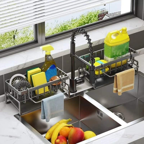 Sink Caddy with Water Draining Tray Multifunctional Sink Sponge and Detergent Storage Rack, Carbon Steel and Plastic, 23x11x9cm- Furaha Finds Kenya