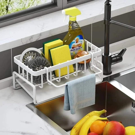 Sink Caddy with Water Draining Tray Multifunctional Sink Sponge and Detergent Storage Rack, Carbon Steel and Plastic, 23x11x9cm- Furaha Finds Kenya