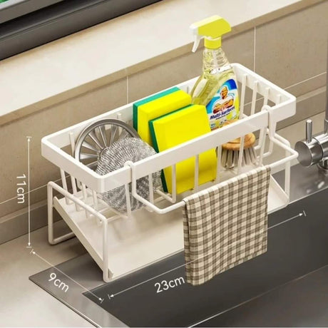 Sink Caddy with Water Draining Tray Multifunctional Sink Sponge and Detergent Storage Rack, Carbon Steel and Plastic, 23x11x9cm- Furaha Finds Kenya