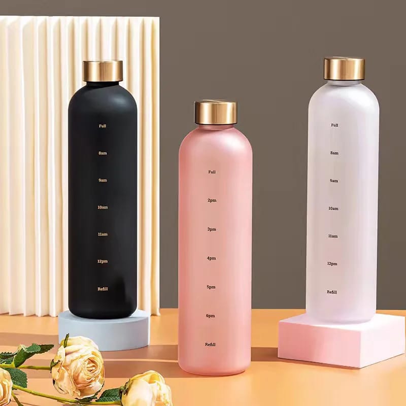 BPA Free Portable 1000ml Frosted Transparent Plastic Water Bottle with Time Scale  | Large Capacity Sports & Leak Proof Rubber Outdoor Water Bottle