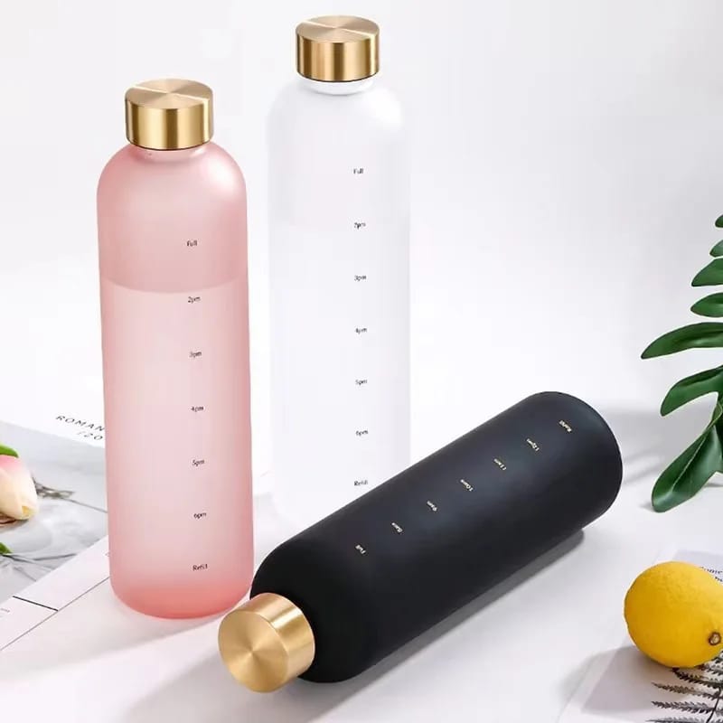 BPA Free Portable 1000ml Frosted Transparent Plastic Water Bottle with Time Scale  | Large Capacity Sports & Leak Proof Rubber Outdoor Water Bottle