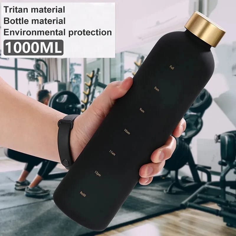 BPA Free Portable 1000ml Frosted Transparent Plastic Water Bottle with Time Scale  | Large Capacity Sports & Leak Proof Rubber Outdoor Water Bottle