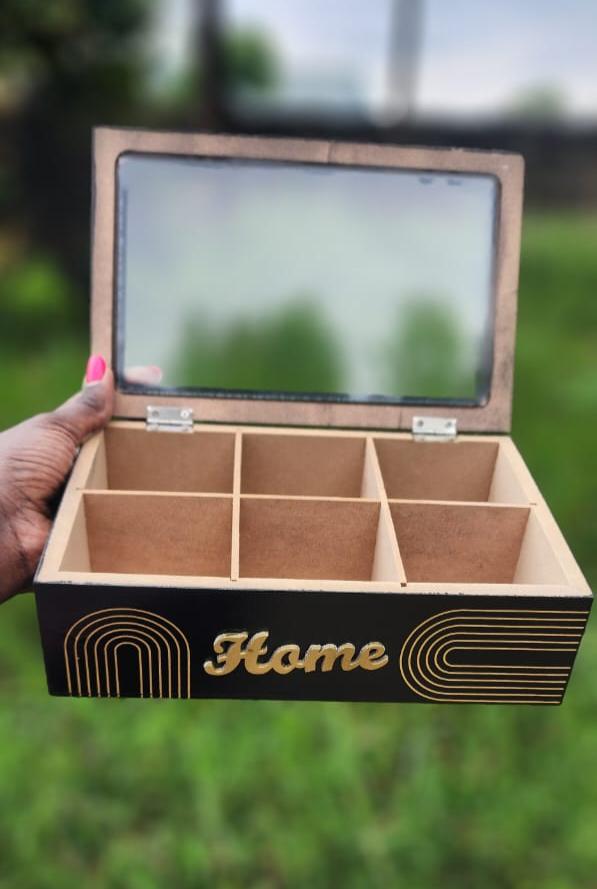 6 Compartment Wooden Teabag/Coffee Organizer | Black & White | Eco-Friendly Wood with Stainless Steel Frame