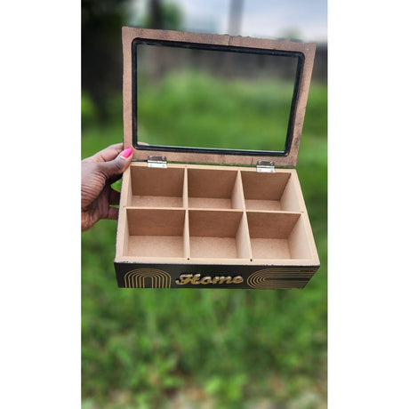 6 Compartment Wooden Teabag/Coffee Organizer | Black & White | Eco-Friendly Wood with Stainless Steel Frame- Furaha Finds Kenya