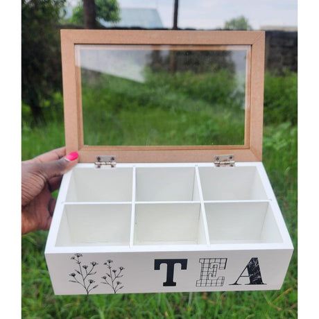 6 Compartment Wooden Teabag/Coffee Organizer | Black & White | Eco-Friendly Wood with Stainless Steel Frame- Furaha Finds Kenya