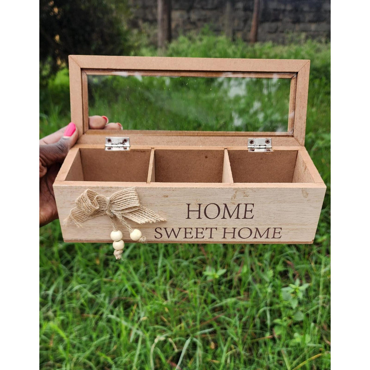 3 Compartment Bamboo Tea Bag Storage Box Elegant Tea Organizer in Brown and White & Brown