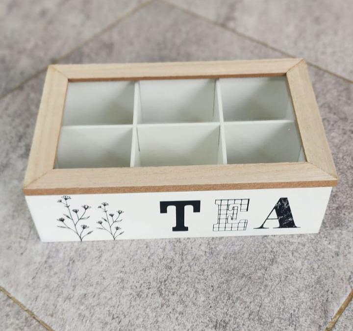 6 Compartment Wooden Teabag/Coffee Organizer | Black & White | Eco-Friendly Wood with Stainless Steel Frame