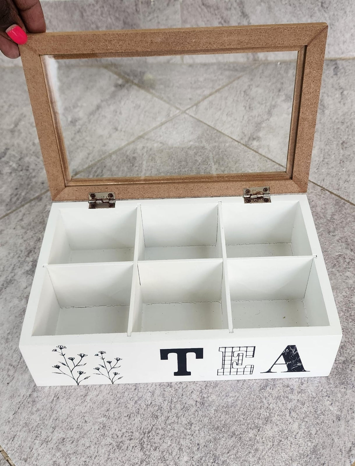 6 Compartment Wooden Teabag/Coffee Organizer | Black & White | Eco-Friendly Wood with Stainless Steel Frame