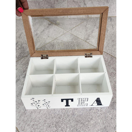 6 Compartment Wooden Teabag/Coffee Organizer | Black & White | Eco-Friendly Wood with Stainless Steel Frame- Furaha Finds Kenya