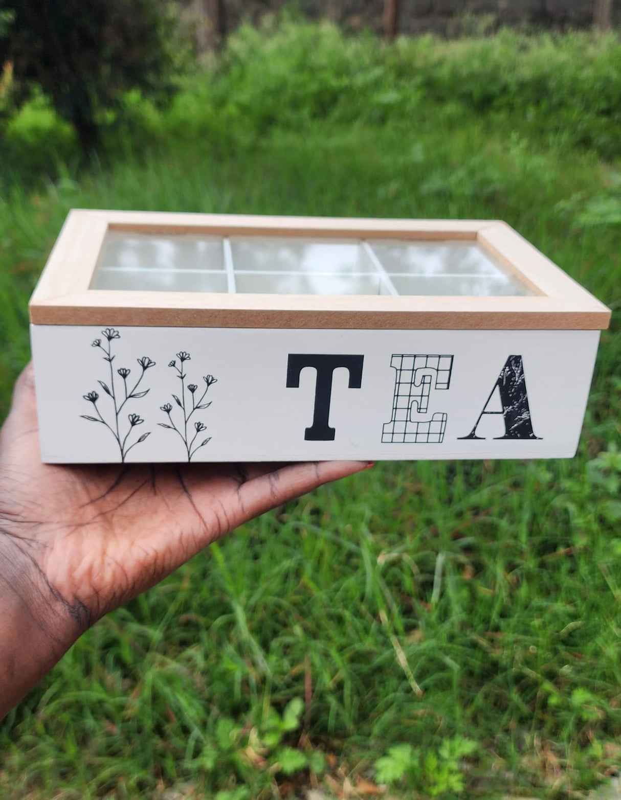 6 Compartment Wooden Teabag/Coffee Organizer | Black & White | Eco-Friendly Wood with Stainless Steel Frame