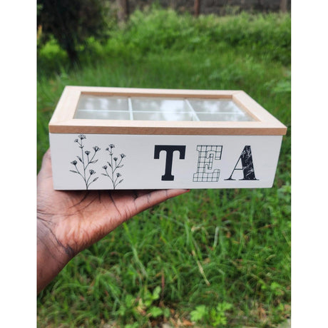 6 Compartment Wooden Teabag/Coffee Organizer | Black & White | Eco-Friendly Wood with Stainless Steel Frame- Furaha Finds Kenya