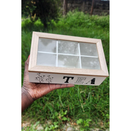6 Compartment Wooden Teabag/Coffee Organizer | Black & White | Eco-Friendly Wood with Stainless Steel Frame- Furaha Finds Kenya