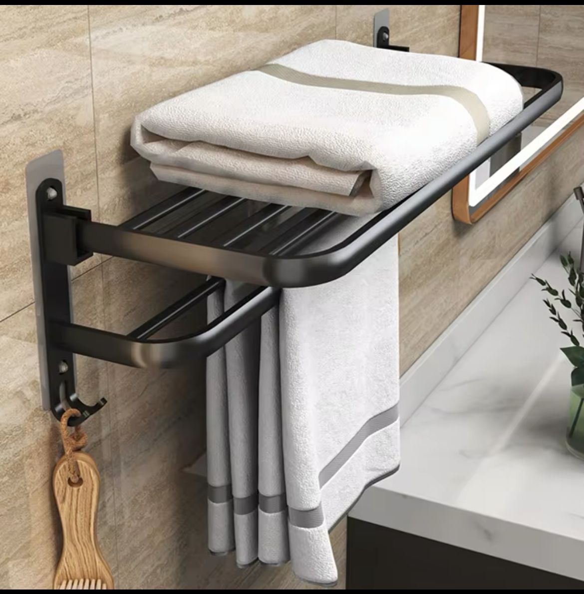 Furaha Finds Black Heavy Aluminum Double Layer Towel Rack 60cm Foldable Shelf, Non Drilling or Drilling Option for Bathroom