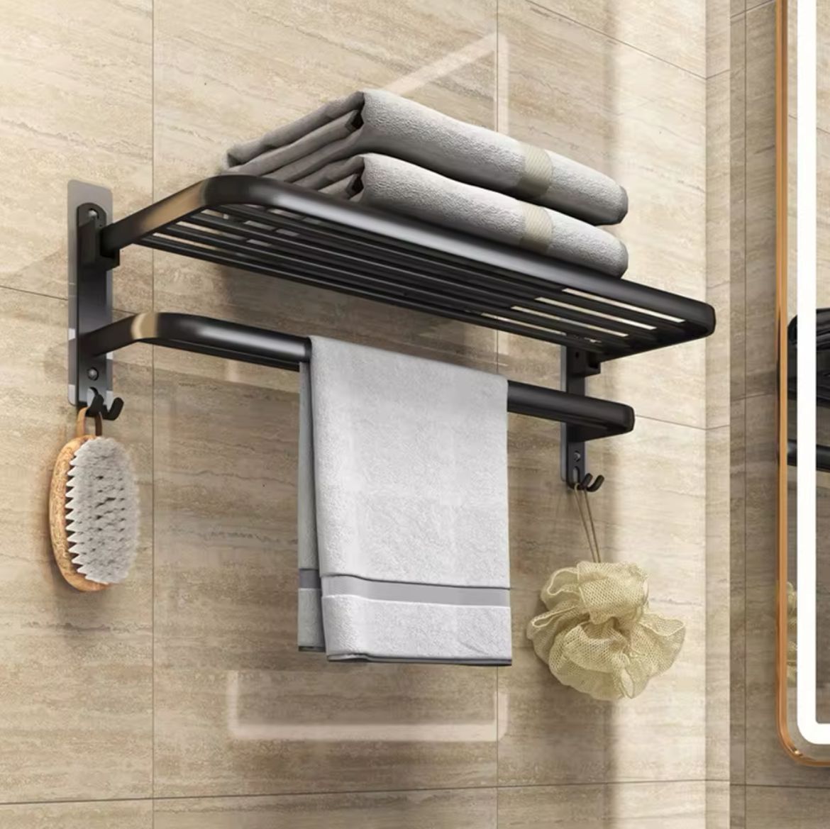 Furaha Finds Black Heavy Aluminum Double Layer Towel Rack 60cm Foldable Shelf, Non Drilling or Drilling Option for Bathroom