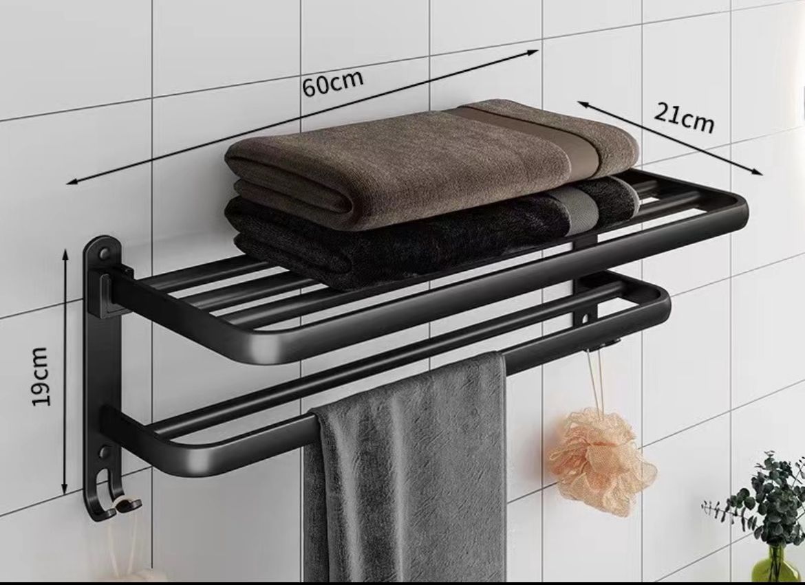 Furaha Finds Black Heavy Aluminum Double Layer Towel Rack 60cm Foldable Shelf, Non Drilling or Drilling Option for Bathroom