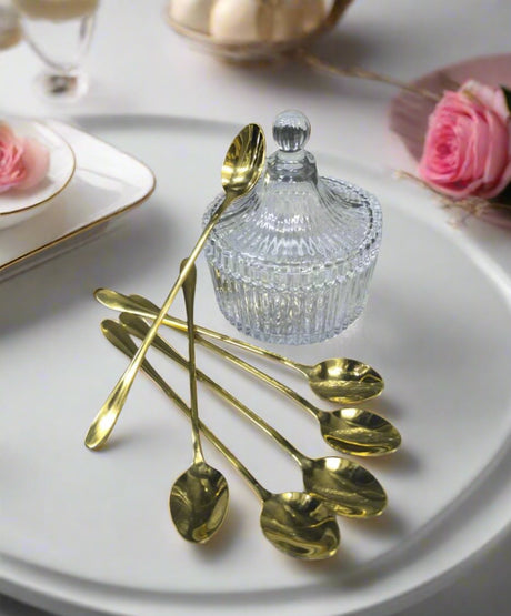 Sugar Dish with 6 Piece Gold Plated Tea Spoons Set | Elegant Glass Dish | 1 Glass Sugar Dish, 6 GoldPlated Tea Spoons- Furaha Finds Kenya