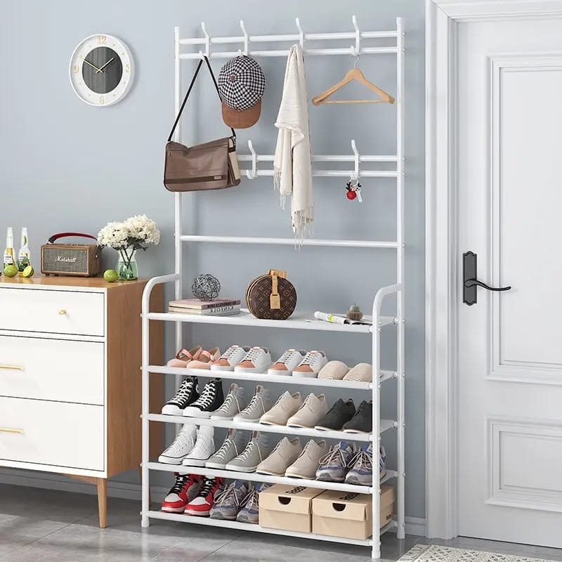 Furaha Finds 5 Tier Entryway Coat Rack with Shoe Bench & Storage Shelves 169x60x26cm black & white space saving hallway organizer for coats, shoes, and accessories.