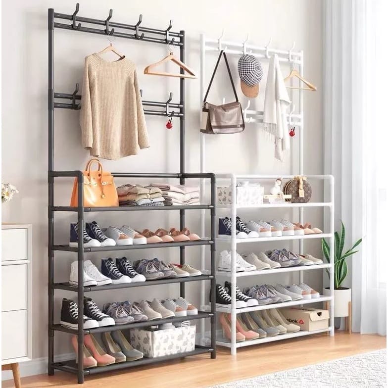 Furaha Finds 5 Tier Entryway Coat Rack with Shoe Bench & Storage Shelves 169x60x26cm black & white space saving hallway organizer for coats, shoes, and accessories.

