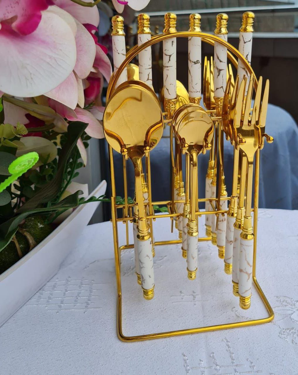 Furaha Finds 24-Piece Gold Marble Cutlery Set with Stand