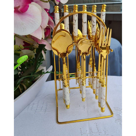 24pcs Gold Marble Cutlery Set with Stand Stainless Steel Ceramic Handles.- Furaha Finds Kenya