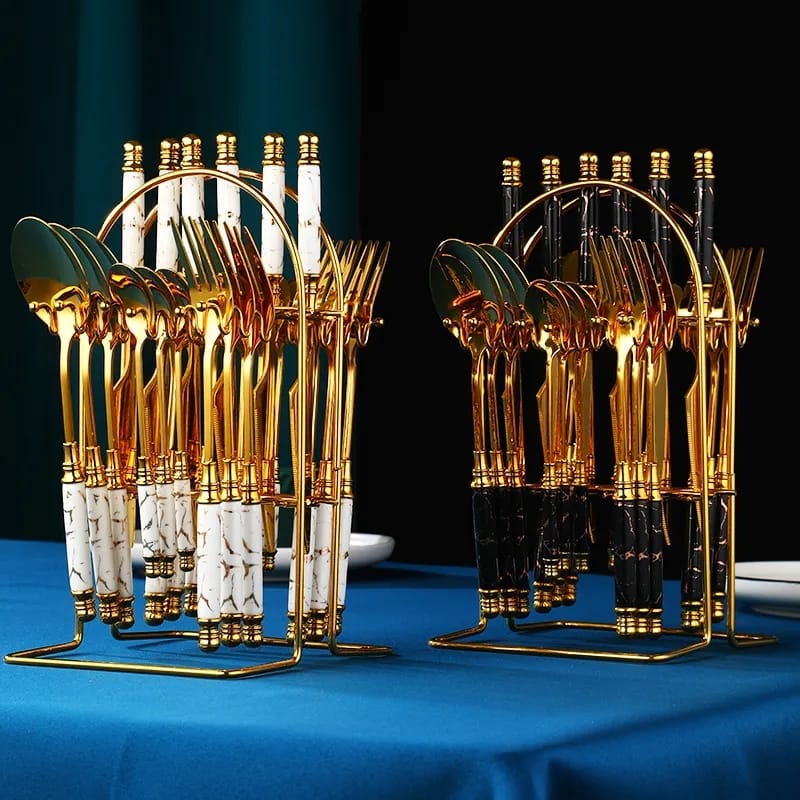 Furaha Finds 24-Piece Gold Marble Cutlery Set with Stand
