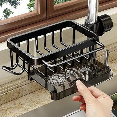 Kitchen Faucet Storage Sink Organizer | Rust Free Aluminum Drain Rack, Sponge and Soap Holder, Dish Towel Rack (Grey, Black)- Furaha Finds Kenya