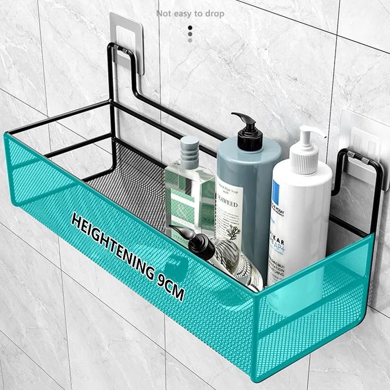Mesh Bathroom Rack with Hooks Self Adhesive, Space Saving Organizer (Black)