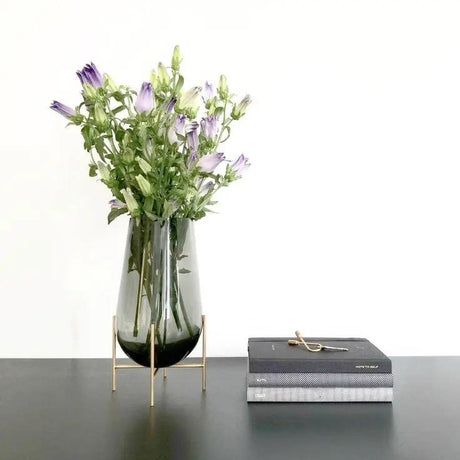 Furaha Finds Modern Creative Dark Glass Vase with Gold Stand 25 cm elegant decorative vase for home and office decor,perfect for fresh flowers,artificial arrangements,and stylish centerpiece display.