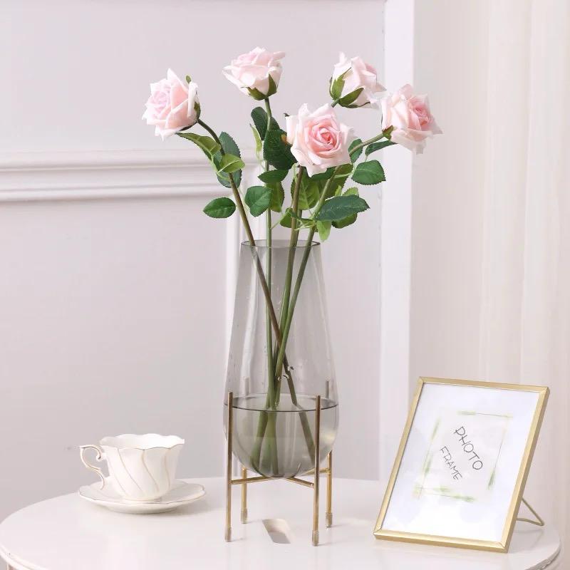 Furaha Finds Modern Creative Dark Glass Vase with Gold Stand 25 cm elegant decorative vase for home and office decor,perfect for fresh flowers,artificial arrangements,and stylish centerpiece display.