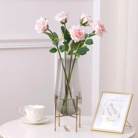 Furaha Finds Modern Creative Dark Glass Vase with Gold Stand 25 cm elegant decorative vase for home and office decor,perfect for fresh flowers,artificial arrangements,and stylish centerpiece display.