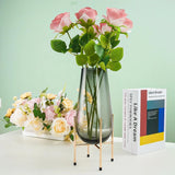 Furaha Finds Modern Creative Dark Glass Vase with Gold Stand 25 cm elegant decorative vase for home and office decor,perfect for fresh flowers,artificial arrangements,and stylish centerpiece display.