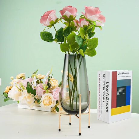 Furaha Finds Modern Creative Dark Glass Vase with Gold Stand 25 cm elegant decorative vase for home and office decor,perfect for fresh flowers,artificial arrangements,and stylish centerpiece display.