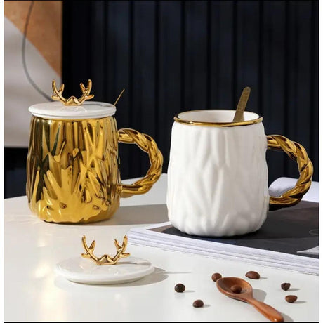 Nordic Ceramic Cup with Cover and Antlers 470ml Gold and White- Furaha Finds Kenya