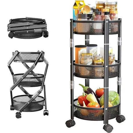 3-Tier Collapsible Rack Foldable Storage with Lockable Wheels for Kitchen, Living Room, or Office- Furaha Finds Kenya