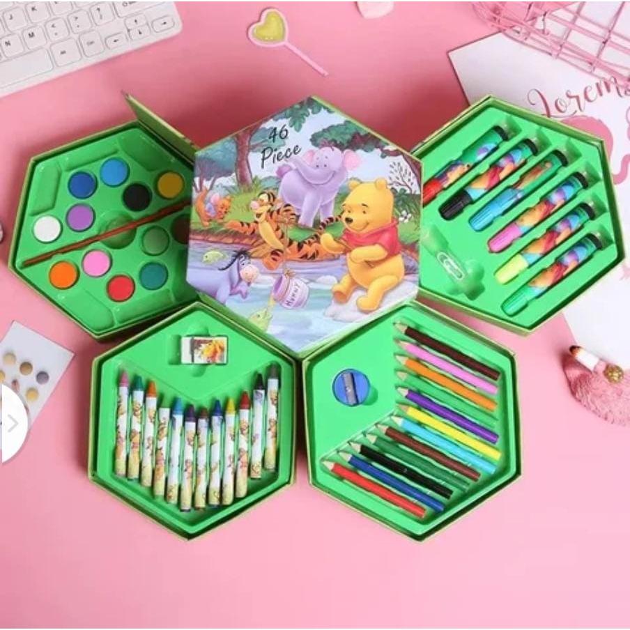 Hexagonal Color Box Art Set for Kids 46pc Set with Pencils, Crayons, Paints & More (Disney Princess, Winnie the Pooh, Mickey Mouse)