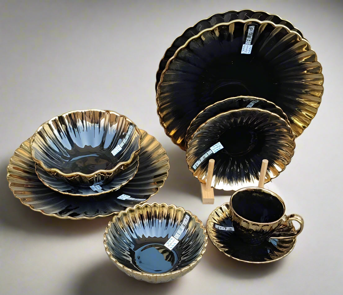 Furaha Finds 36-Piece Nordic Shaped Dinner Set with Gold Rim.