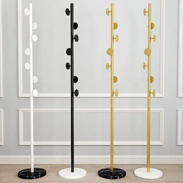 Furaha Finds Marble Base Luxury Coat Rack Floor standing multifunctional clothes & hat hanger with heavy duty metal frame, available in black, white, and gold.