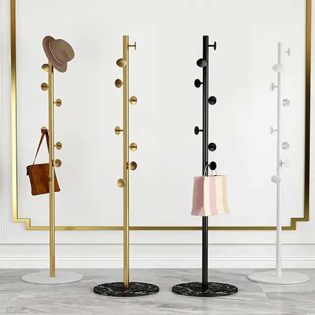 Furaha Finds Marble Base Luxury Coat Rack Floor standing multifunctional clothes & hat hanger with heavy duty metal frame, available in black, white, and gold.
