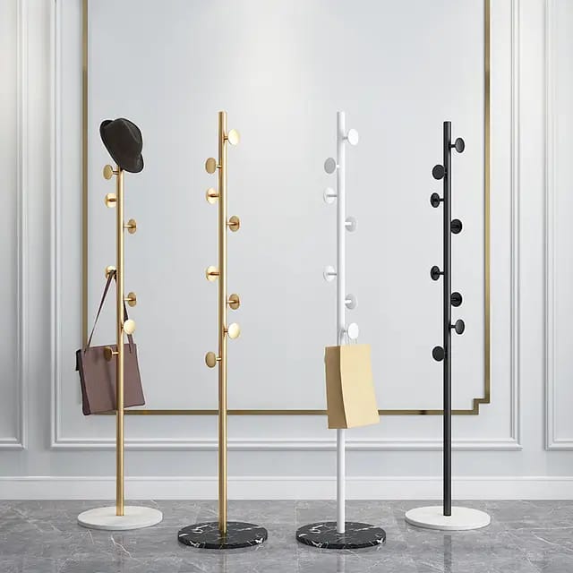 Furaha Finds Marble Base Luxury Coat Rack Floor standing multifunctional clothes & hat hanger with heavy duty metal frame, available in black, white, and gold.